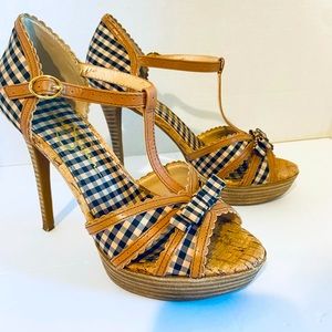 Jessica Simpson size 7.5 ‘Britt’ t-bar summer sandal heels gingham plaid and tan